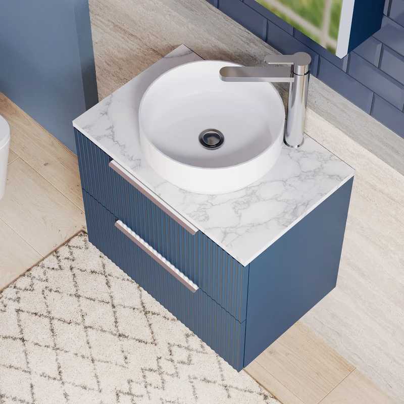 Fluted 600mm Wall Hung 2 Drawer Vanity Unit & Carrera Marble Laminate Worktop - Blue Satin