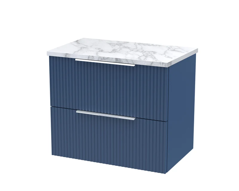 Fluted 600mm Wall Hung 2 Drawer Vanity Unit & Carrera Marble Laminate Worktop - Blue Satin
