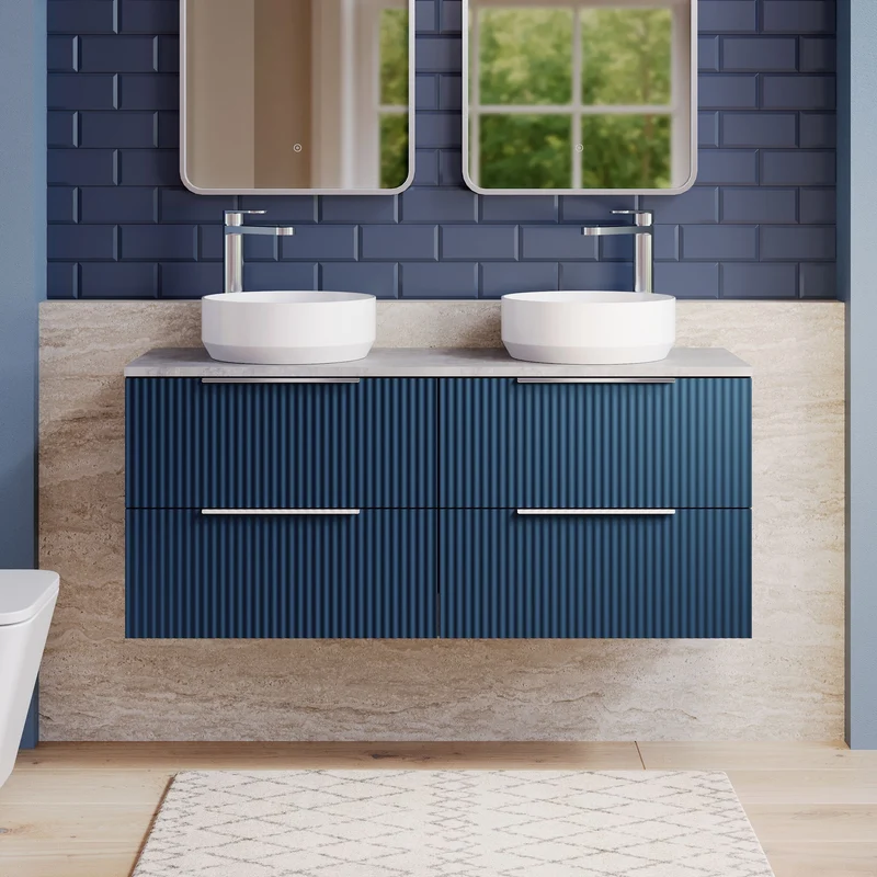 Fluted 1200mm Wall Hung 4 Drawer Vanity Unit & Bellato Grey Laminate Worktop - Blue Satin