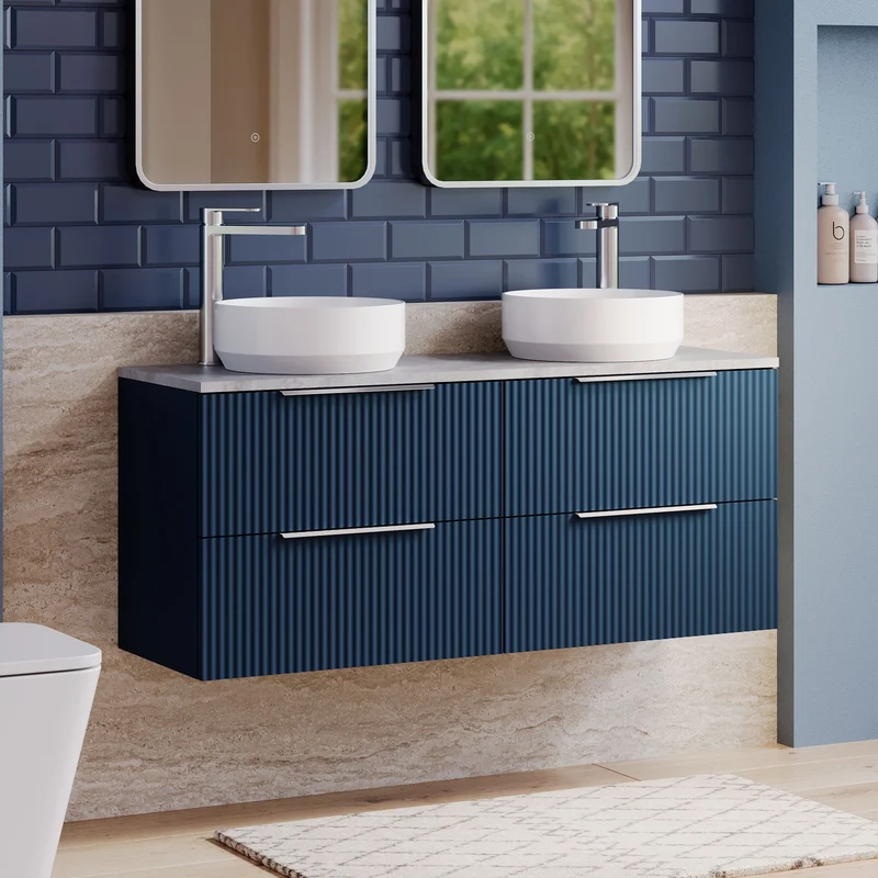 Fluted 1200mm Wall Hung 4 Drawer Vanity Unit & Bellato Grey Laminate Worktop - Blue Satin