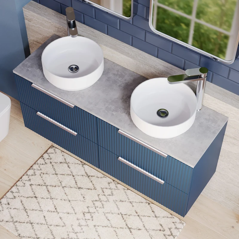 Fluted 1200mm Wall Hung 4 Drawer Vanity Unit & Bellato Grey Laminate Worktop - Blue Satin