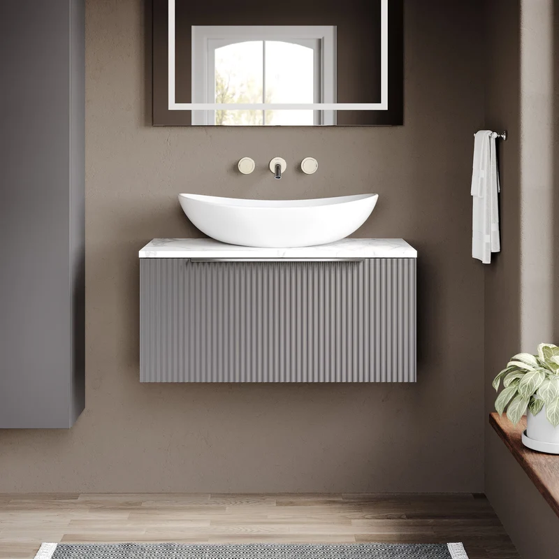 Fluted 800mm Wall Hung Single Drawer Vanity Unit & Carrera Marble Laminate Worktop - Grey Satin