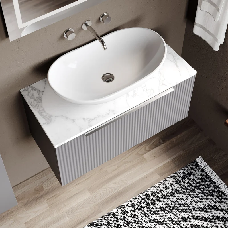 Fluted 800mm Wall Hung Single Drawer Vanity Unit & Carrera Marble Laminate Worktop - Grey Satin