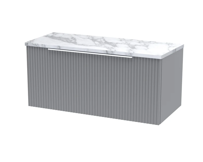 Fluted 800mm Wall Hung Single Drawer Vanity Unit & Carrera Marble Laminate Worktop - Grey Satin