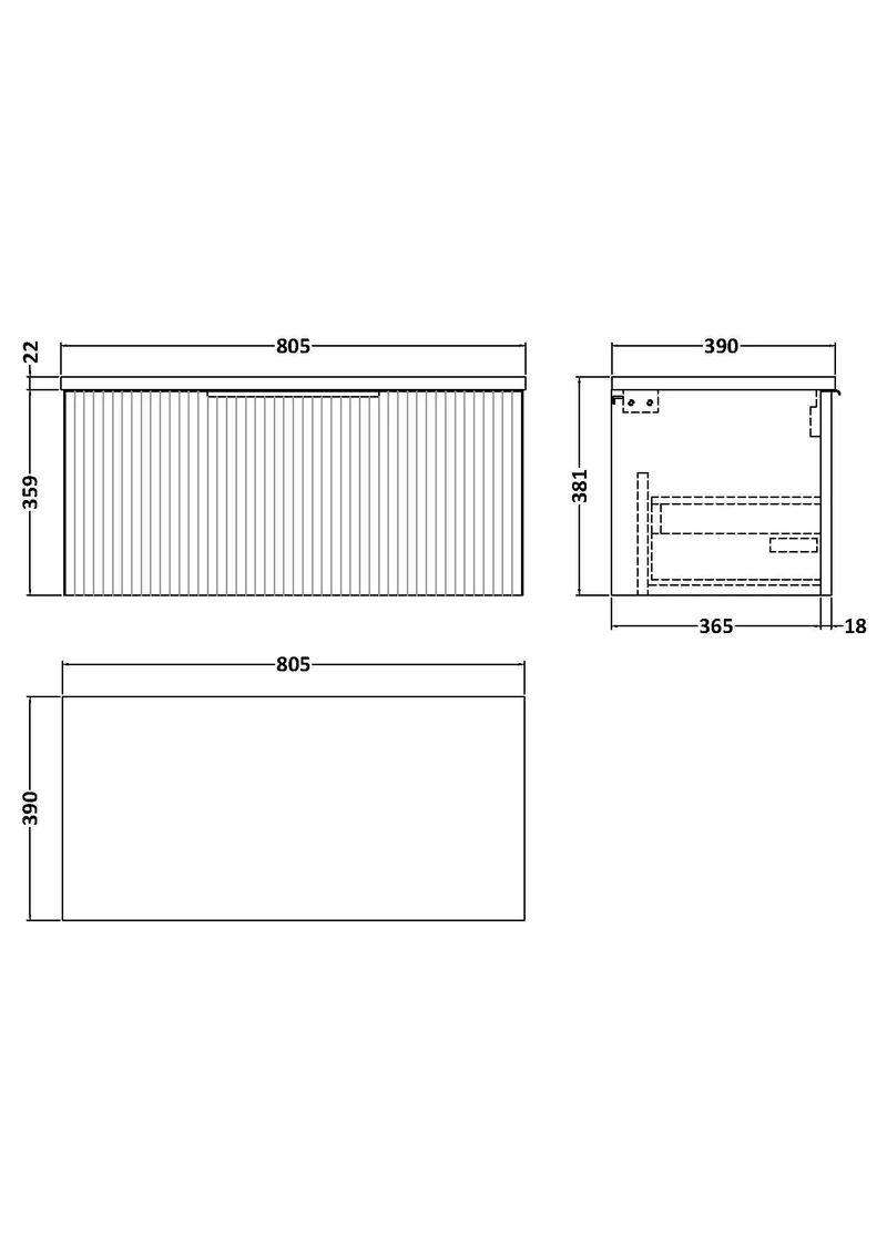Fluted 800mm Wall Hung Single Drawer Vanity Unit & Carrera Marble Laminate Worktop - Grey Satin