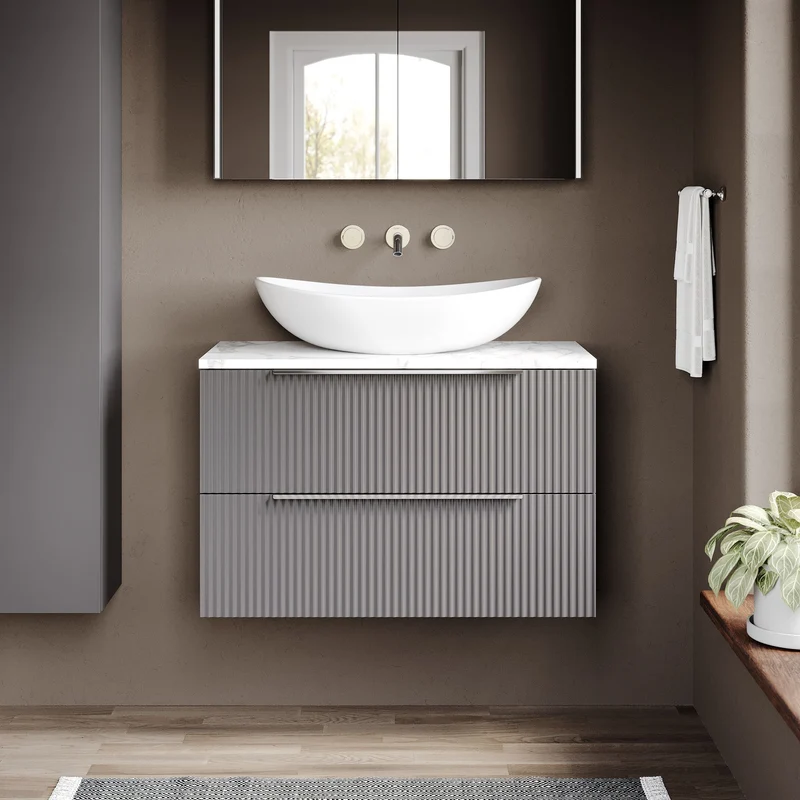 Fluted 800mm Wall Hung 2 Drawer Vanity Unit & Carrera Marble Laminate Worktop - Grey Satin