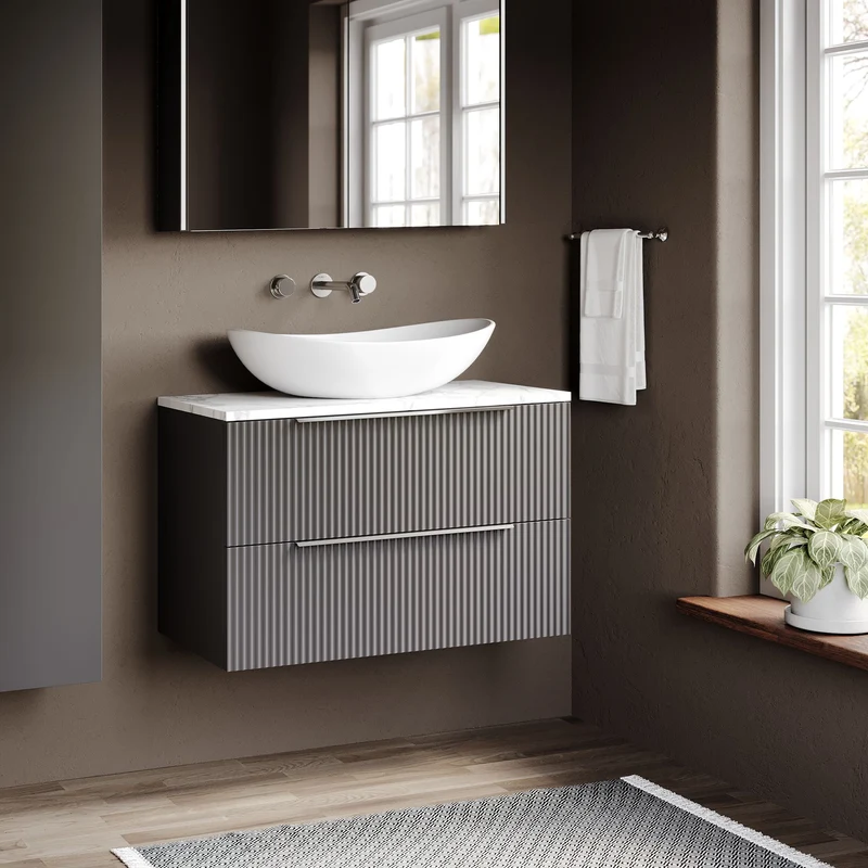 Fluted 800mm Wall Hung 2 Drawer Vanity Unit & Carrera Marble Laminate Worktop - Grey Satin