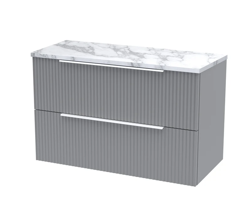 Fluted 800mm Wall Hung 2 Drawer Vanity Unit & Carrera Marble Laminate Worktop - Grey Satin