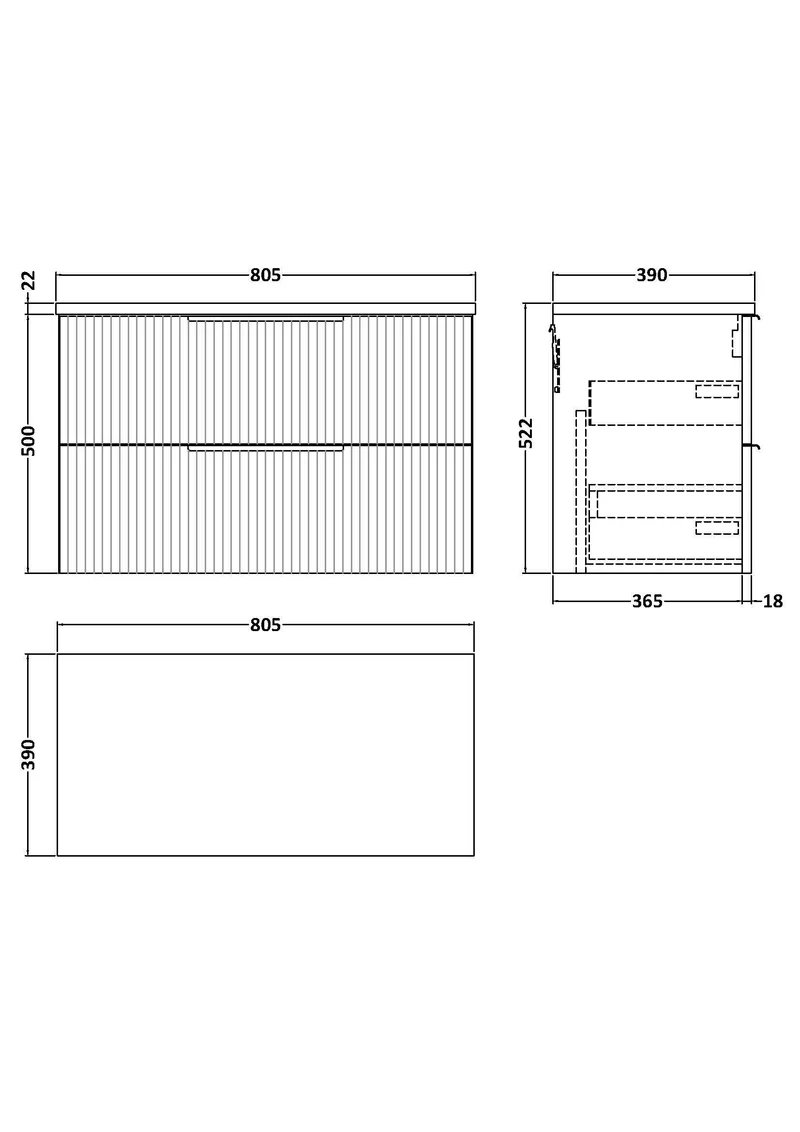 Fluted 800mm Wall Hung 2 Drawer Vanity Unit & Carrera Marble Laminate Worktop - Grey Satin