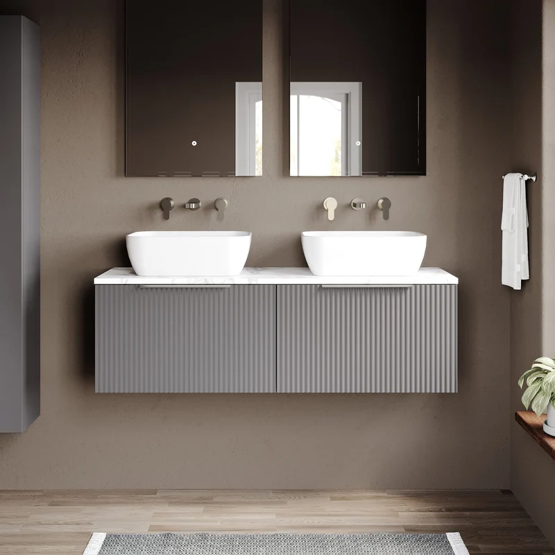 Fluted 1200mm Wall Hung 2 Drawer Vanity Unit & Carrera Marble Laminate Worktop - Grey Satin