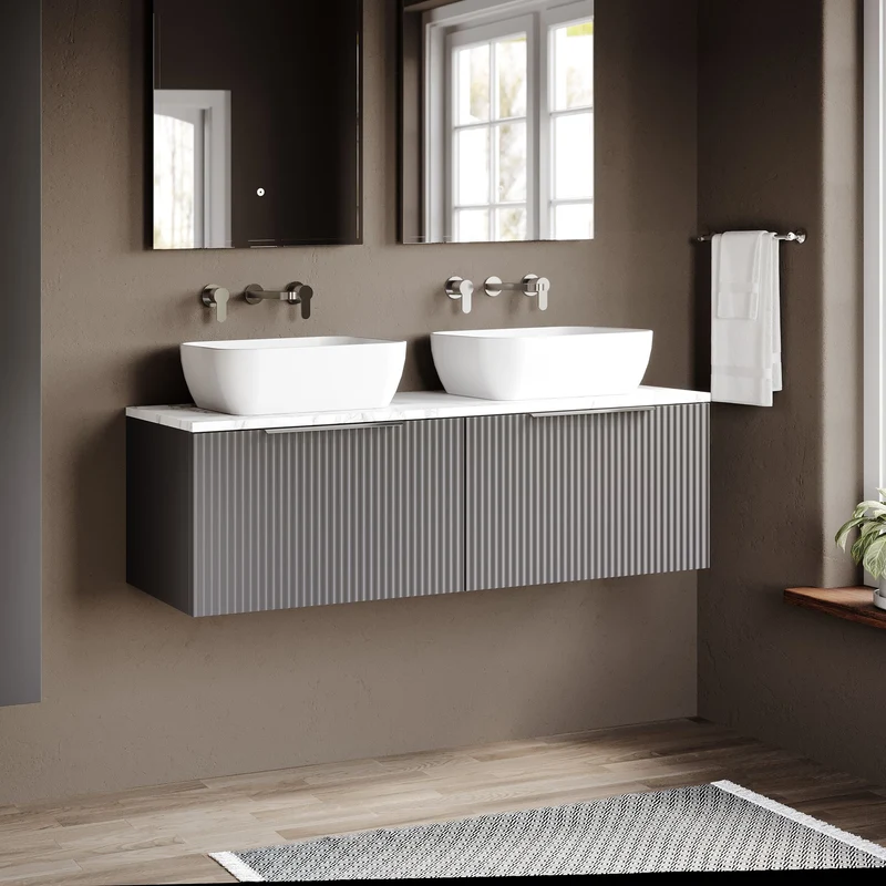 Fluted 1200mm Wall Hung 2 Drawer Vanity Unit & Carrera Marble Laminate Worktop - Grey Satin