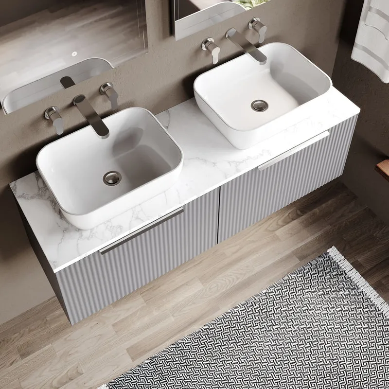 Fluted 1200mm Wall Hung 2 Drawer Vanity Unit & Carrera Marble Laminate Worktop - Grey Satin