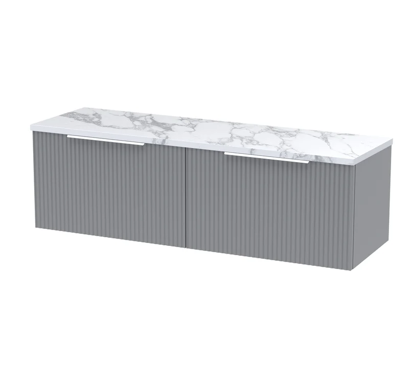 Fluted 1200mm Wall Hung 2 Drawer Vanity Unit & Carrera Marble Laminate Worktop - Grey Satin