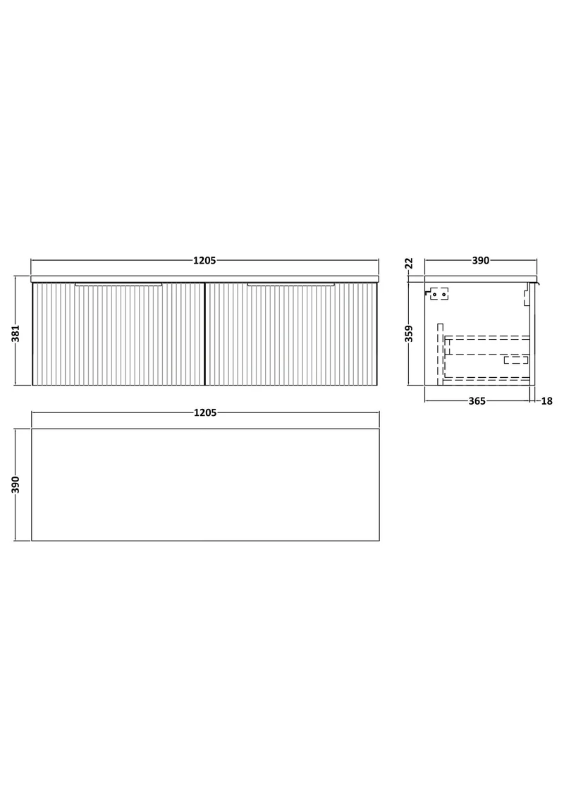 Fluted 1200mm Wall Hung 2 Drawer Vanity Unit & Carrera Marble Laminate Worktop - Grey Satin