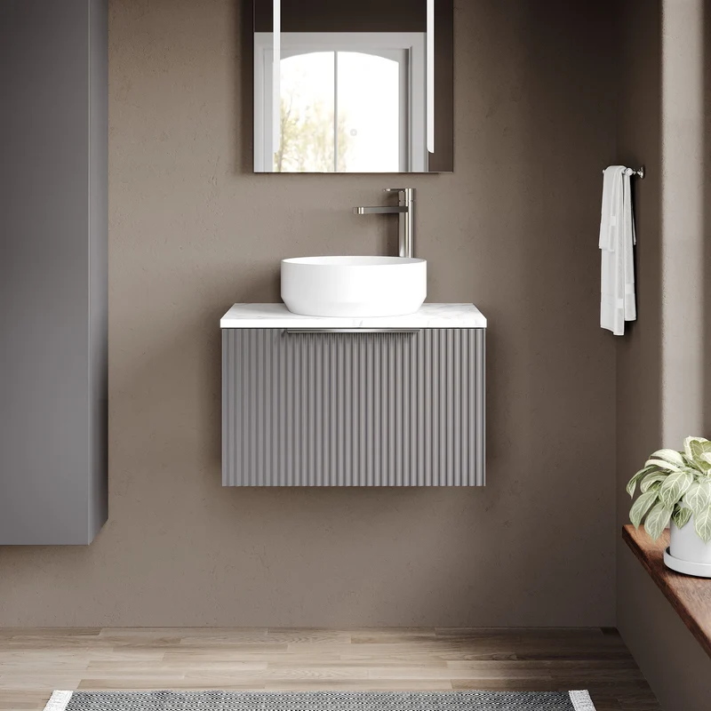 Fluted 600mm Wall Hung Single Drawer Vanity Unit & Carrera Marble Laminate Worktop - Grey Satin