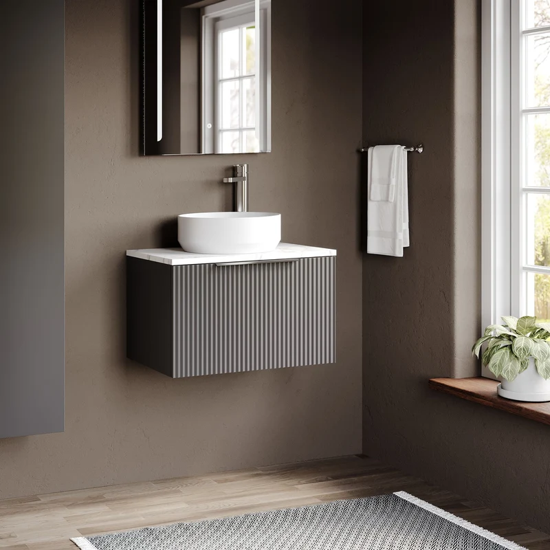 Fluted 600mm Wall Hung Single Drawer Vanity Unit & Carrera Marble Laminate Worktop - Grey Satin