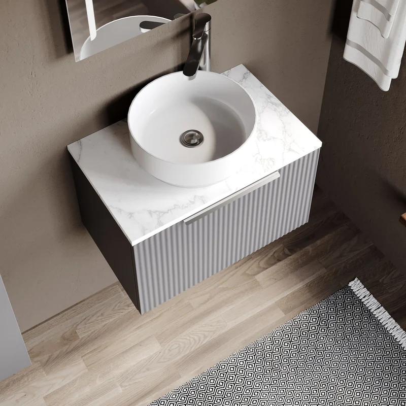 Fluted 600mm Wall Hung Single Drawer Vanity Unit & Carrera Marble Laminate Worktop - Grey Satin