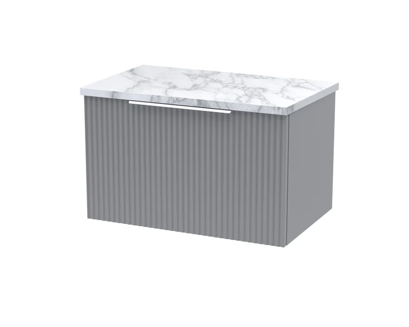 Fluted 600mm Wall Hung Single Drawer Vanity Unit & Carrera Marble Laminate Worktop - Grey Satin