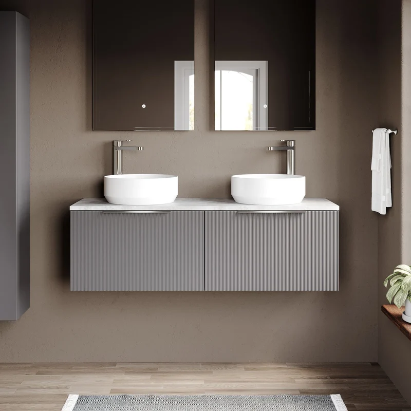 Fluted 1200mm Wall Hung 2 Drawer Vanity Unit & Bellato Grey Laminate Worktop - Grey Satin
