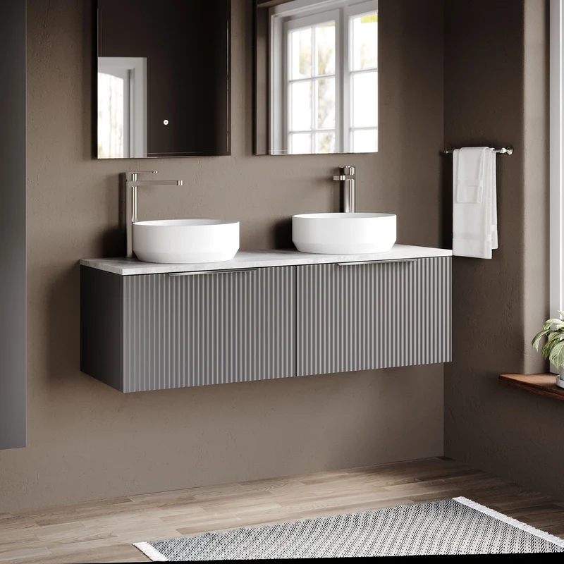 Fluted 1200mm Wall Hung 2 Drawer Vanity Unit & Bellato Grey Laminate Worktop - Grey Satin