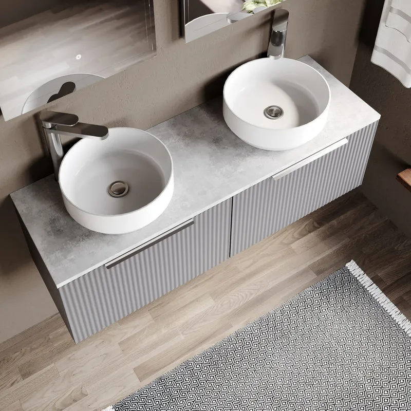 Fluted 1200mm Wall Hung 2 Drawer Vanity Unit & Bellato Grey Laminate Worktop - Grey Satin