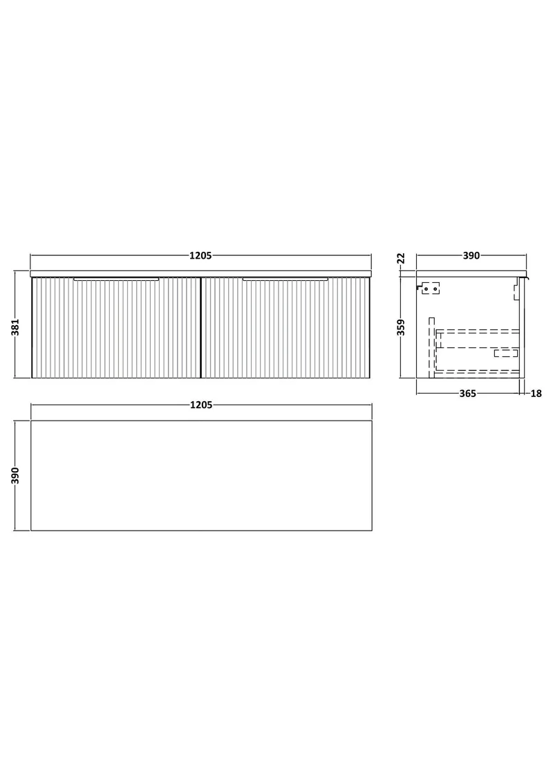 Fluted 1200mm Wall Hung 2 Drawer Vanity Unit & Bellato Grey Laminate Worktop - Grey Satin