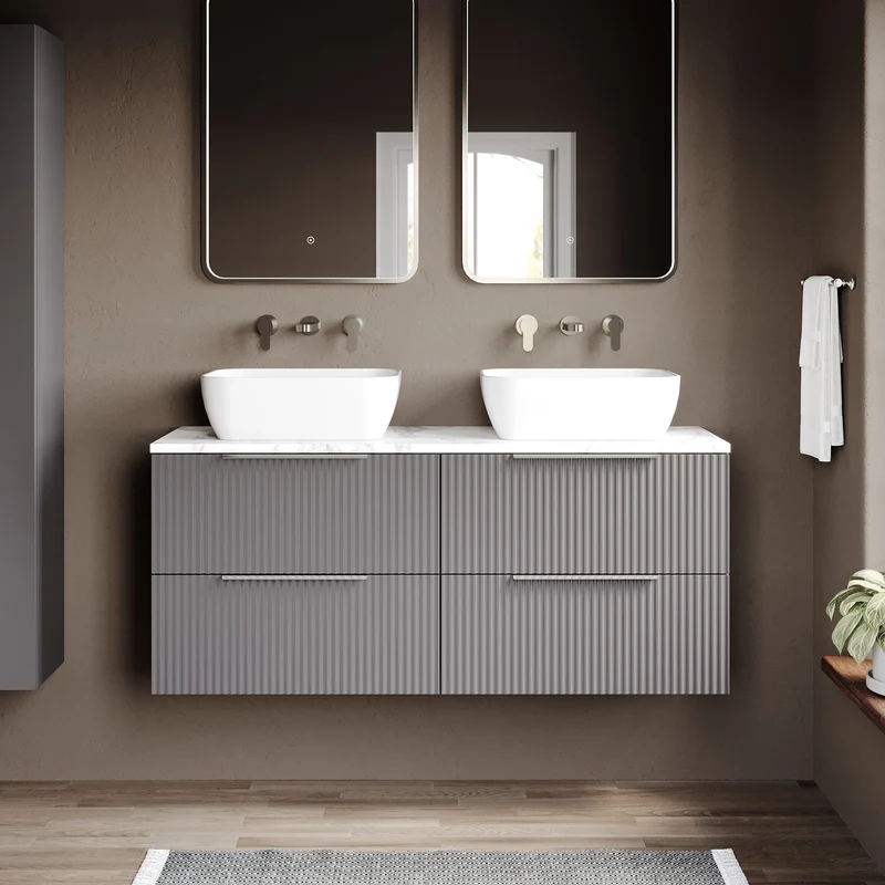 Fluted 1200mm Wall Hung 4 Drawer Vanity Unit & Carrera Marble Laminate Worktop - Grey Satin