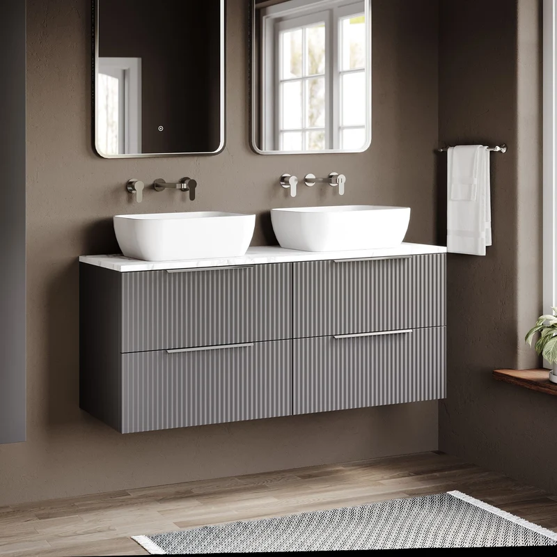 Fluted 1200mm Wall Hung 4 Drawer Vanity Unit & Carrera Marble Laminate Worktop - Grey Satin