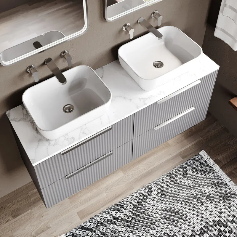 Fluted 1200mm Wall Hung 4 Drawer Vanity Unit & Carrera Marble Laminate Worktop - Grey Satin