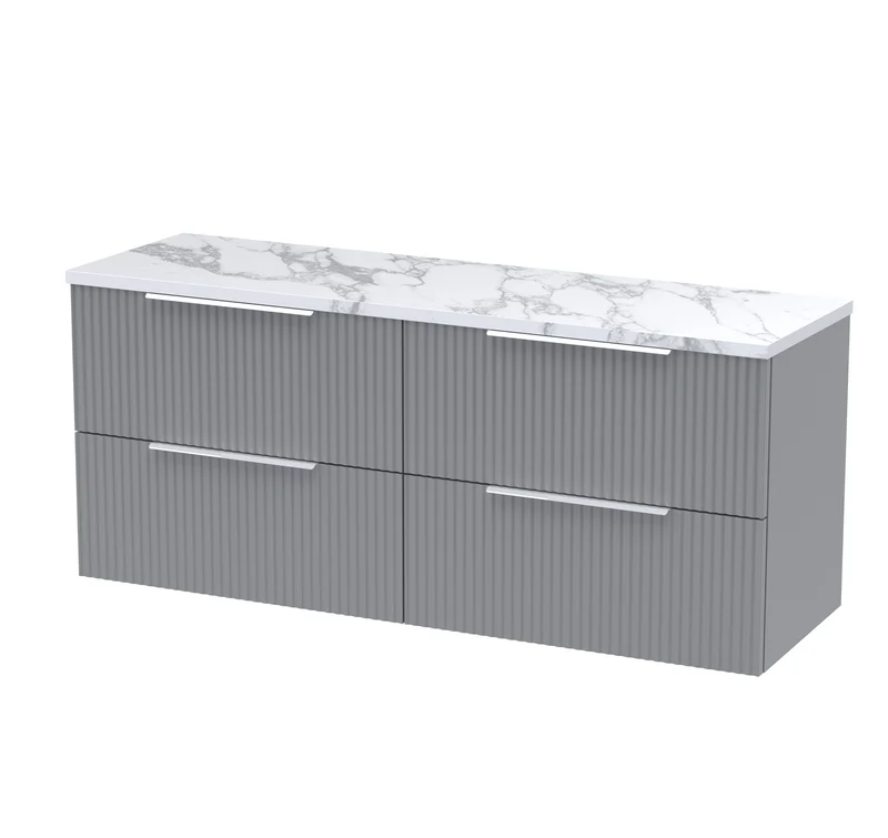 Fluted 1200mm Wall Hung 4 Drawer Vanity Unit & Carrera Marble Laminate Worktop - Grey Satin