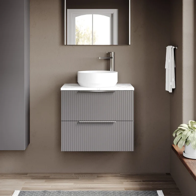 Fluted 600mm Wall Hung 2 Drawer Vanity Unit & Carrera Marble Laminate Worktop - Grey Satin