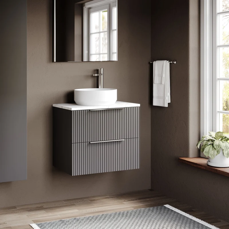 Fluted 600mm Wall Hung 2 Drawer Vanity Unit & Carrera Marble Laminate Worktop - Grey Satin