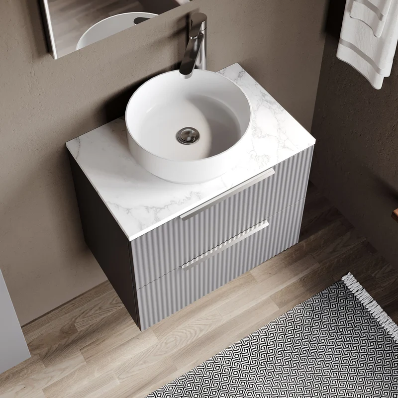 Fluted 600mm Wall Hung 2 Drawer Vanity Unit & Carrera Marble Laminate Worktop - Grey Satin