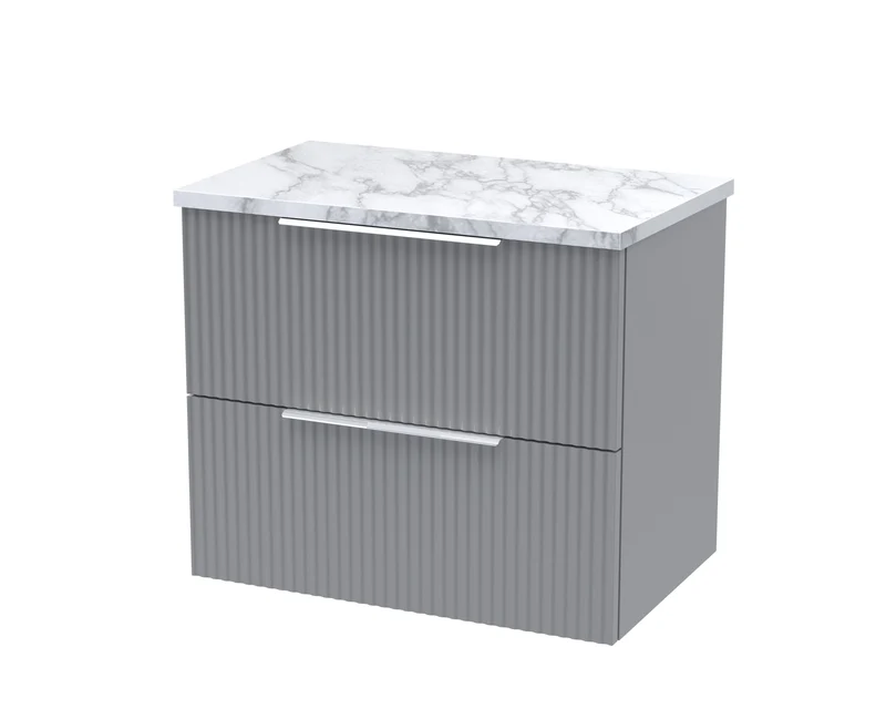 Fluted 600mm Wall Hung 2 Drawer Vanity Unit & Carrera Marble Laminate Worktop - Grey Satin