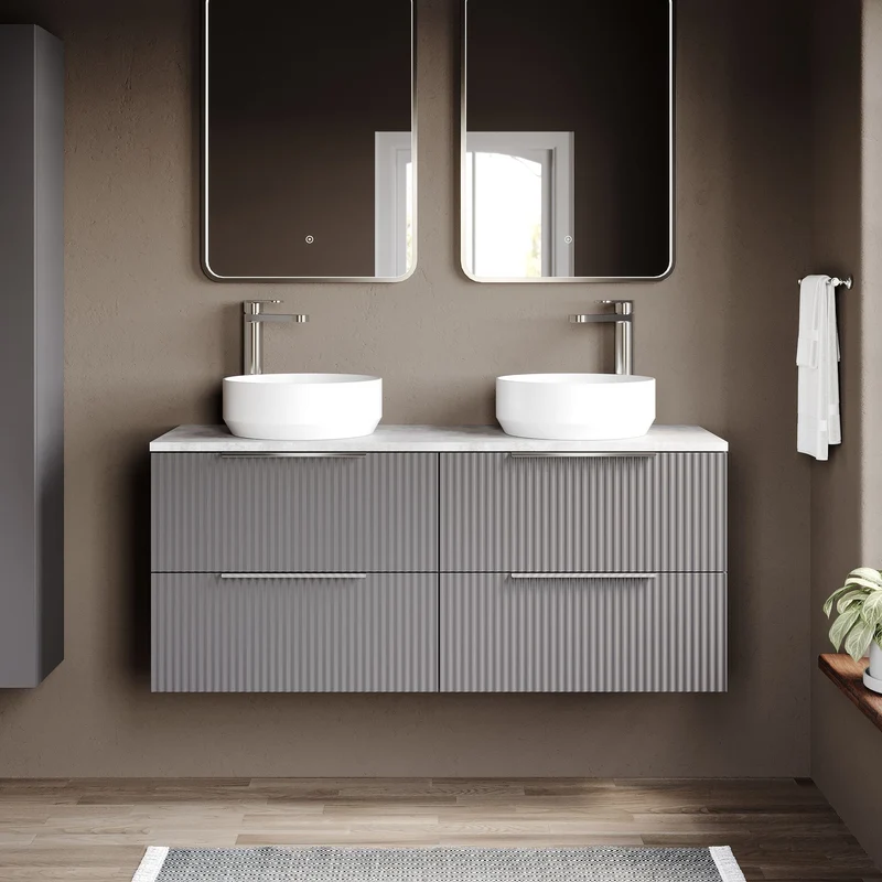 Fluted 1200mm Wall Hung 4 Drawer Vanity Unit & Bellato Grey Laminate Worktop - Grey Satin