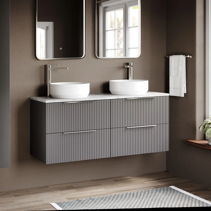 Fluted 1200mm Wall Hung 4 Drawer Vanity Unit & Bellato Grey Laminate Worktop - Grey Satin
