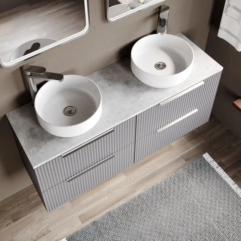 Fluted 1200mm Wall Hung 4 Drawer Vanity Unit & Bellato Grey Laminate Worktop - Grey Satin