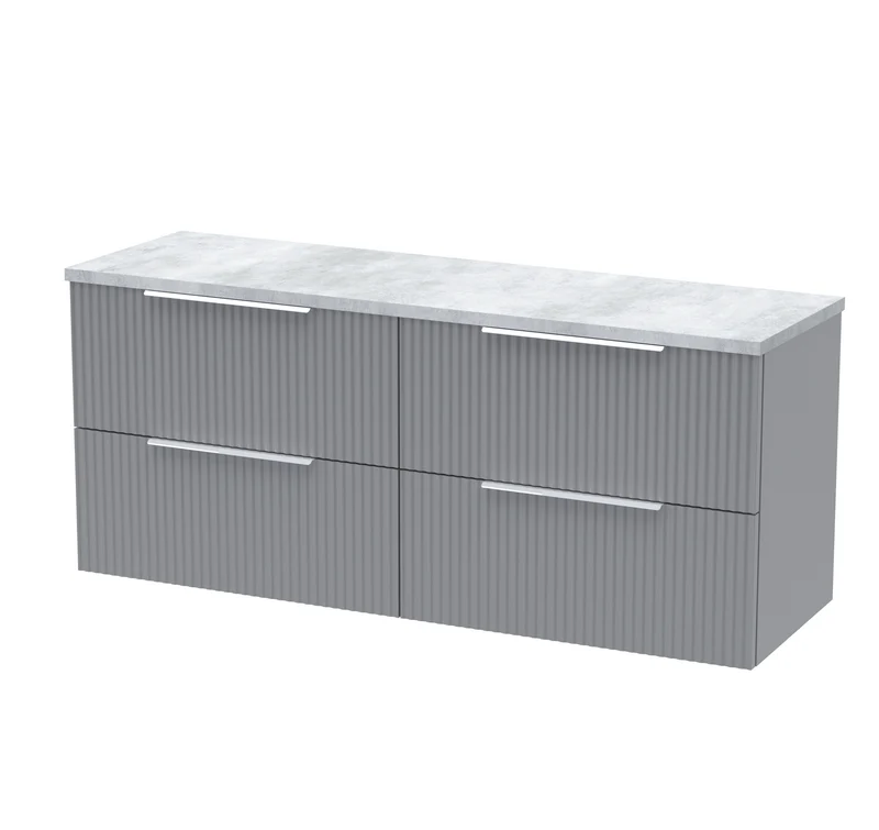 Fluted 1200mm Wall Hung 4 Drawer Vanity Unit & Bellato Grey Laminate Worktop - Grey Satin