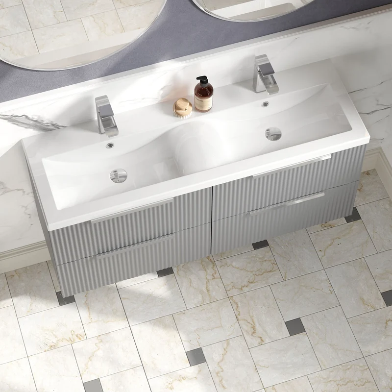 Fluted 1200mm Wall Hung 4 Drawer Vanity Unit & Double Ceramic Basin - Grey Satin