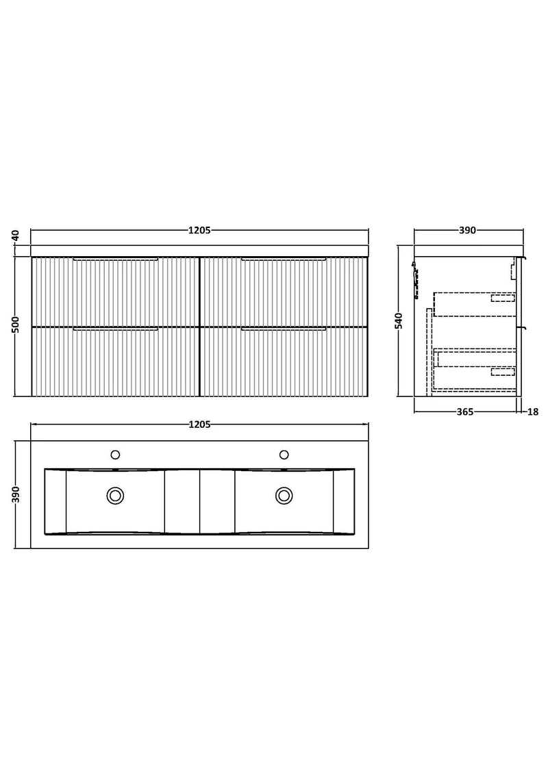 Fluted 1200mm Wall Hung 4 Drawer Vanity Unit & Double Ceramic Basin - Grey Satin