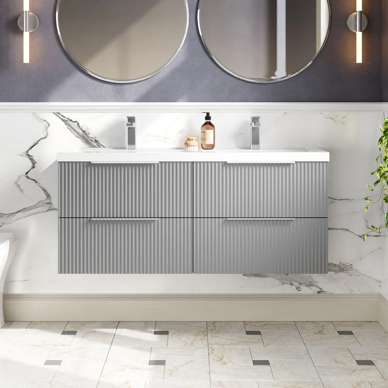 Fluted 1200mm Wall Hung 4 Drawer Vanity Unit & Double Polymarble Basin - Grey Satin