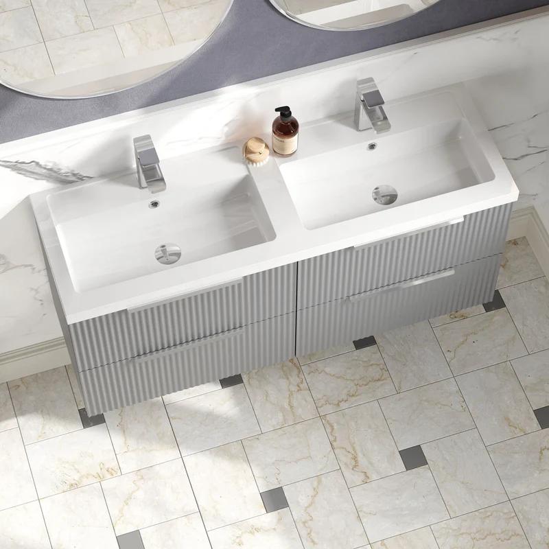 Fluted 1200mm Wall Hung 4 Drawer Vanity Unit & Double Polymarble Basin - Grey Satin