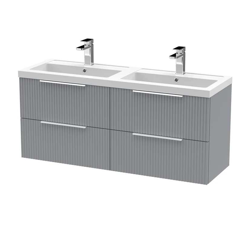 Fluted 1200mm Wall Hung 4 Drawer Vanity Unit & Double Polymarble Basin - Grey Satin