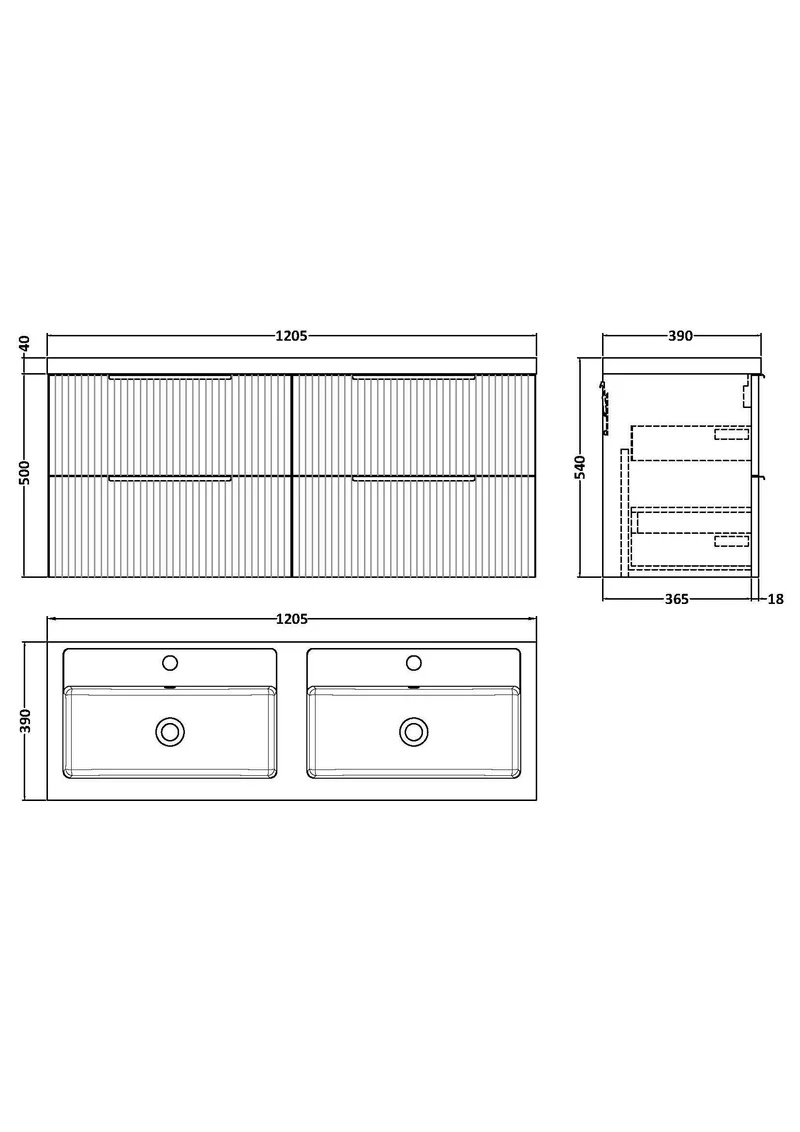 Fluted 1200mm Wall Hung 4 Drawer Vanity Unit & Double Polymarble Basin - Grey Satin