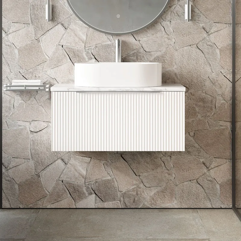 Fluted 800mm Wall Hung Single Drawer Vanity Unit & Carrera Marble Laminate Worktop - White Satin