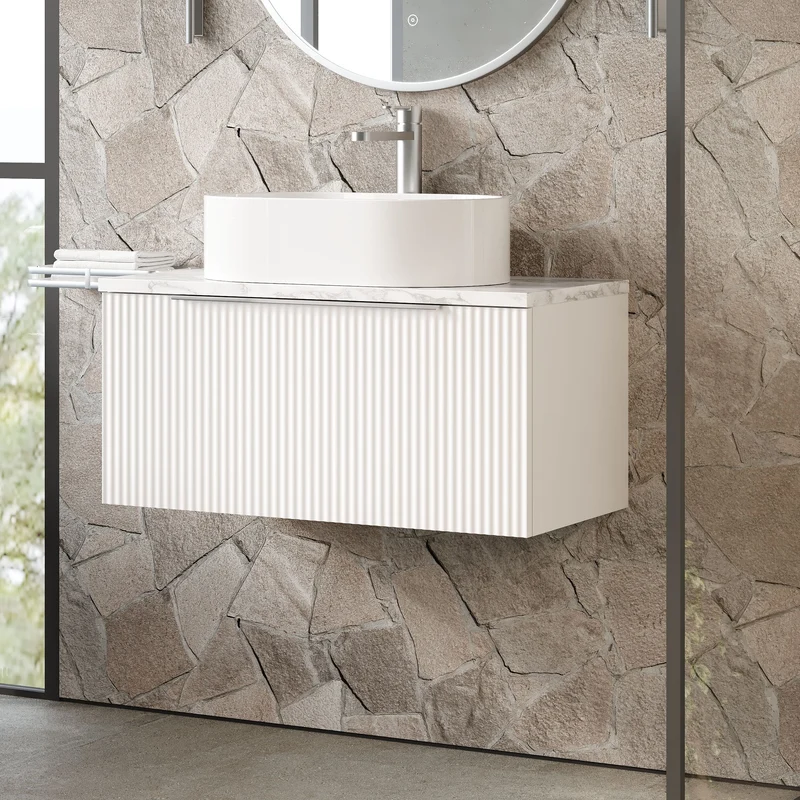 Fluted 800mm Wall Hung Single Drawer Vanity Unit & Carrera Marble Laminate Worktop - White Satin