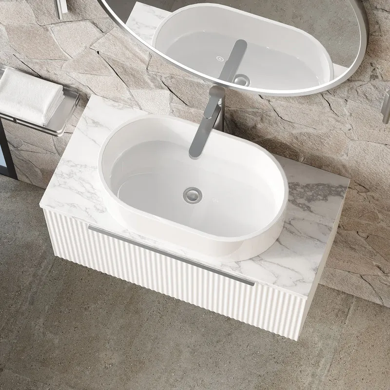 Fluted 800mm Wall Hung Single Drawer Vanity Unit & Carrera Marble Laminate Worktop - White Satin