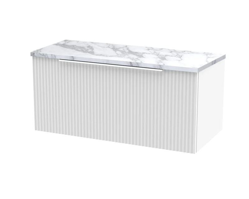 Fluted 800mm Wall Hung Single Drawer Vanity Unit & Carrera Marble Laminate Worktop - White Satin