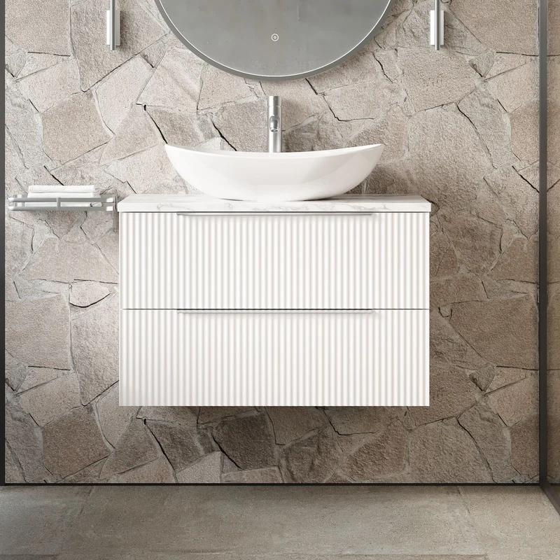 Fluted 800mm Wall Hung 2 Drawer Vanity Unit & Carrera Marble Laminate Worktop - White Satin