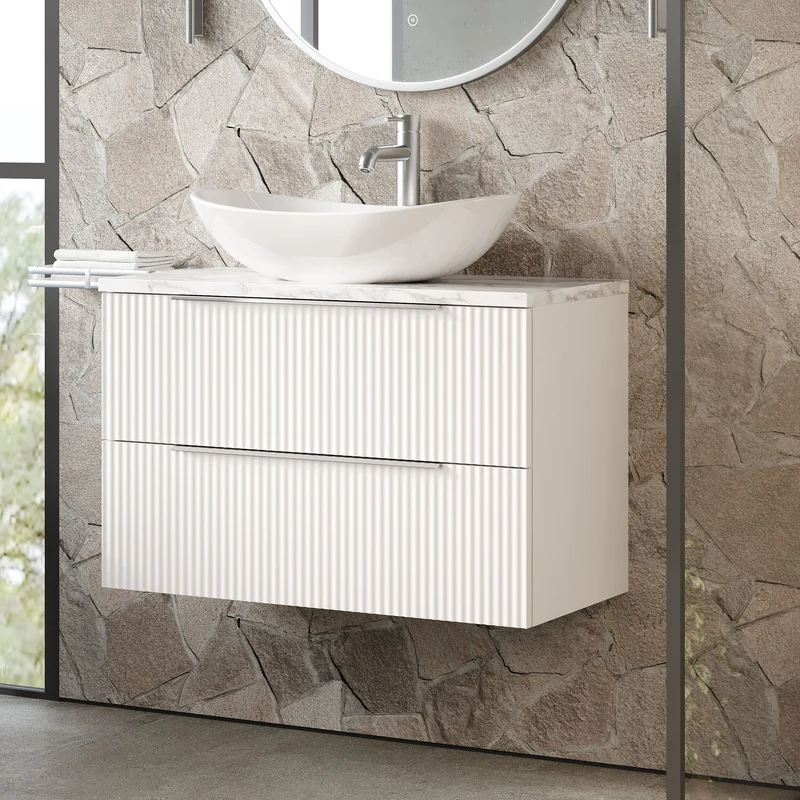 Fluted 800mm Wall Hung 2 Drawer Vanity Unit & Carrera Marble Laminate Worktop - White Satin